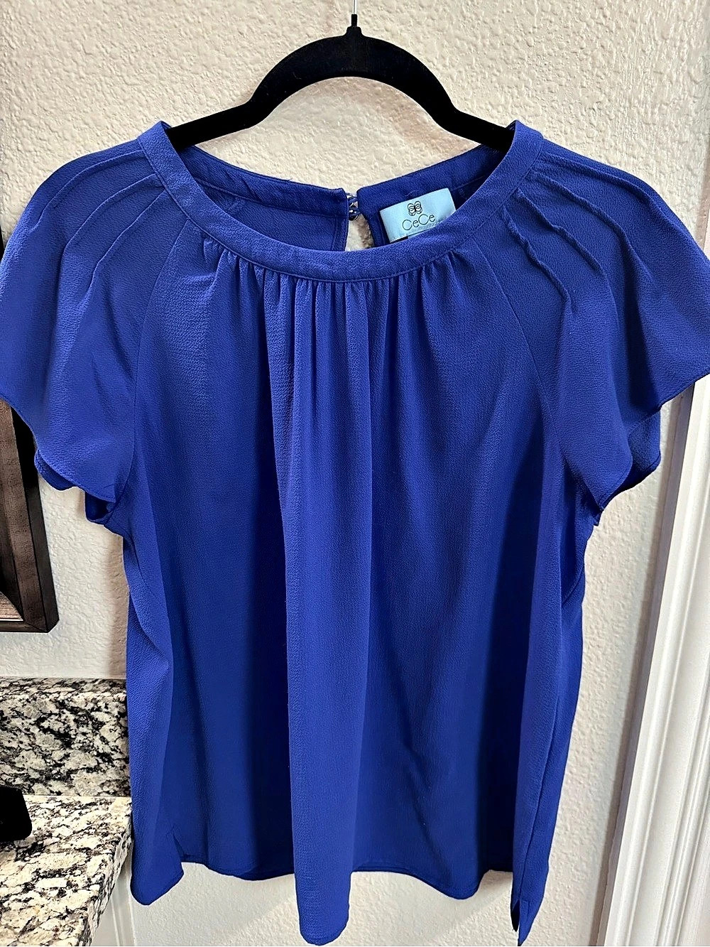 CeCe Pleated Front Short Sleeve Blouse Blue Medium